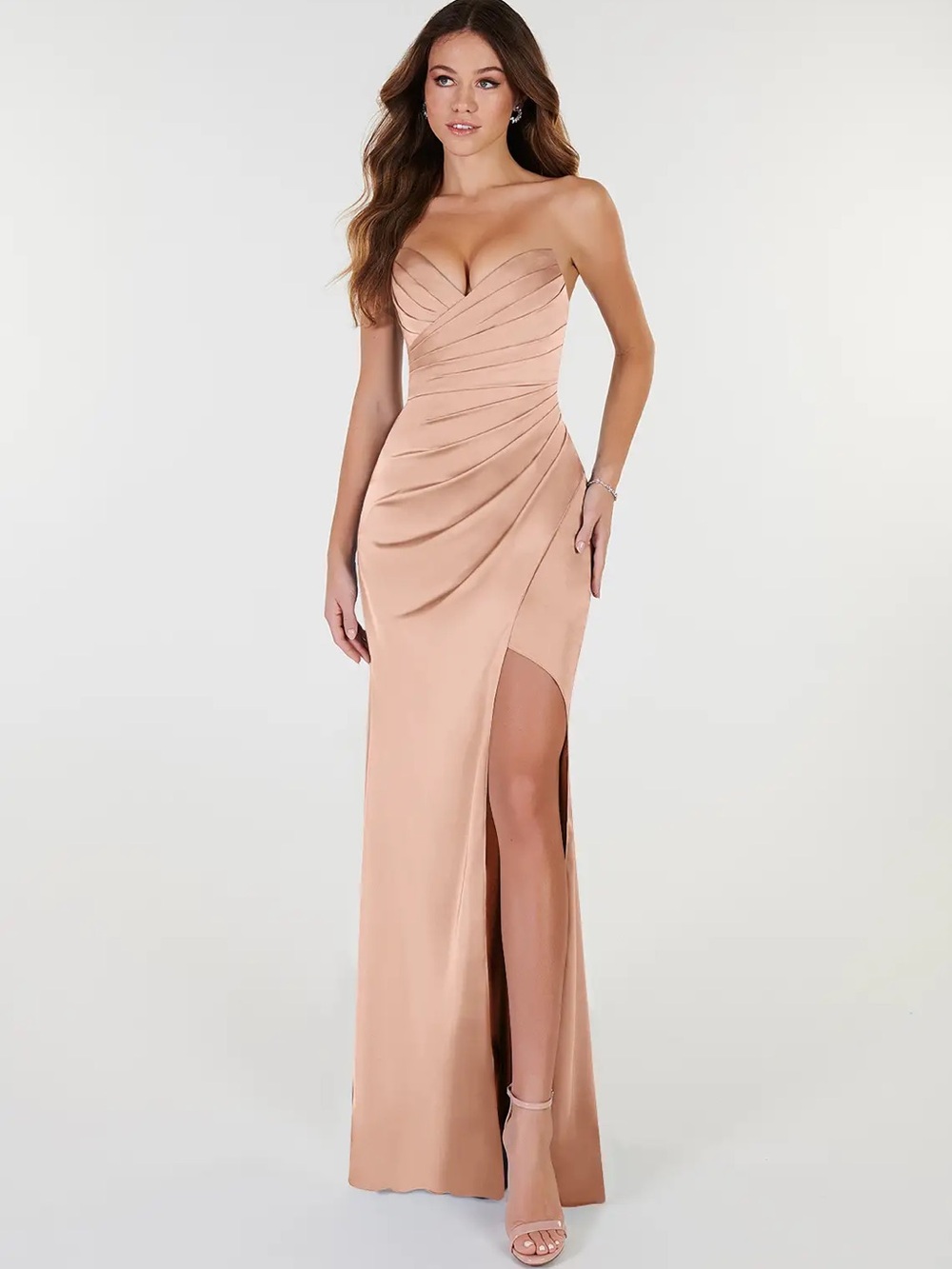 Azazie Yola Strapless Rose Gold  V neck Pleated Satin